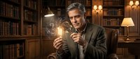 Thoughtful mature Caucasian businessman in suit holding glowing lightbulb in elegant library office with bookshelves, representing innovation and creative ideas.
