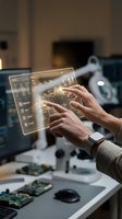Engineer or technician with light skin tone interacting with holographic display showing financial charts and data analytics in modern laboratory setting with circuit boards and equipment.
