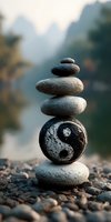 Balanced stack of smooth stones with yin yang symbol against misty mountain backdrop, representing harmony, meditation, and spiritual balance.