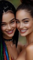 Two diverse young women with radiant smiles embracing in close friendship portrait showing genuine happiness and connection between different ethnicities.