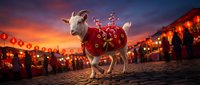 White goat in traditional red costume with golden decorations standing on cobblestone street during sunset festival celebration with lanterns and warm lighting.