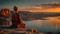 Woman in orange robe meditating at sunset overlooking serene lake with dramatic red rock formations in background creating peaceful spiritual atmosphere.