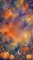 Watercolor Halloween background with golden pumpkins, bats, spider webs and autumn leaves on purple orange sky for seasonal greeting cards and decorations.