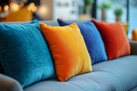 Colorful throw pillows arranged on modern gray sofa in contemporary living room interior for home decor and comfort design concepts.