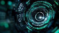 Futuristic circular interface in glowing turquoise and black with digital code elements, abstract technology background showing data visualization concept.