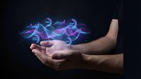 Male hands holding glowing digital currency symbols and blockchain network visualization with neon blue and purple light effects on dark background for fintech and cryptocurrency concepts.