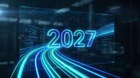 2027 neon glowing text with flowing cyan and blue light trails on digital data background, representing future technology and innovation.