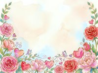 Watercolor floral frame with roses, peonies, and hearts on isolated background, perfect for wedding invitations, greeting cards, and design projects.