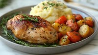 Herb-crusted chicken breast with roasted vegetables and creamy mashed potatoes on rustic plate. Homestyle comfort food dinner ready to serve.