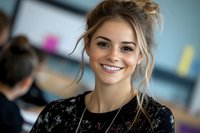 Young Caucasian woman with messy bun hairstyle and natural makeup smiling brightly at camera in casual office environment, wearing black patterned top.