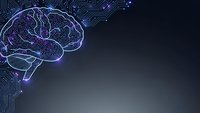 Digital brain with glowing purple neural networks and circuit board connections on dark gradient background for AI technology concepts.