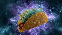 Cosmic taco floating in space with colorful nebula background, glowing magical food art with crispy shell, meat, lettuce and cheese against starry galaxy atmosphere.