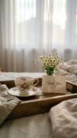 Rustic wooden tray with floral tea cup, fresh daisies, and a thank you card on a cozy bed in soft morning light.