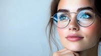 Young Caucasian woman with striking blue-green eyes wearing round metal glasses, soft smile, light background, copy space for beauty or eyewear concepts.