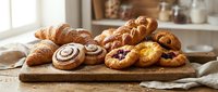 Assorted fresh baked pastries and bread on wooden board in cozy kitchen setting. Perfect for bakery marketing, food blogs, and culinary content.