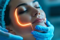 Facial treatment with modern LED light therapy at luxury spa salon, gloved hands performing skincare procedure on relaxed woman with closed eyes.