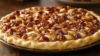 Homemade pecan pie with golden caramel filling and toasted nuts arranged in concentric circles on flaky pastry crust, served on wooden table.