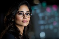 Young South Asian woman wearing glasses smiles confidently against dark background with soft bokeh lights, showcasing natural makeup and professional appearance.