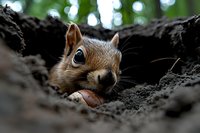 Curious squirrel peeking out from burrow while storing acorn in autumn forest. Close-up portrait shows detailed fur texture and expressive eyes against blurred background.