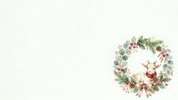 Watercolor festive wreath with deer, evergreen branches, berries and bow on white background for holiday greeting cards and seasonal designs.