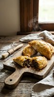 Golden flaky meat pies on rustic wooden cutting board with rolling pin and flour dust in cozy kitchen setting with warm natural lighting.