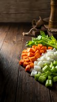 Fresh diced vegetables including carrots, onions, celery and herbs arranged on rustic wooden cutting board for cooking preparation and meal planning.