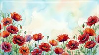 Watercolor red poppies border frame with soft pastel sky background, copy space for text, greeting cards, invitations, and summer designs.