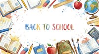 Back to school concept with educational supplies frame including books, pencils, calculator, globe, apple and backpack on white background.