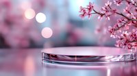 Pink cherry blossom branches over laboratory petri dish with liquid reflection, soft bokeh lights background creates dreamy scientific atmosphere.