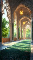 Ornate archways with intricate Islamic patterns and hanging lanterns lead to sunlit garden. Marble columns frame peaceful corridor with green carpet and natural light streaming through.