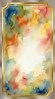 Watercolor abstract background with vibrant splashes of blue, orange, yellow, and red flowing across white space, framed with gold border for design projects.