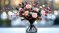 Fresh floral arrangement with pink roses and red berries in clear glass vase against soft bokeh background, romantic wedding centerpiece design.