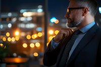 Thoughtful middle-aged Caucasian businessman in glasses and suit looking through window at night city lights, contemplative profile portrait with bokeh background.