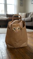 Ginger tabby cat with green eyes peeking out from brown paper bag on wooden floor in modern living room interior with furniture and window.