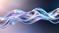 Glowing wavy lines with sparkles and particles flow in smooth motion against dark background, creating ethereal abstract design in blue and pink hues.