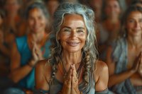 Radiant mature woman with silver hair and natural beauty practicing meditation in yoga class, expressing joy and inner peace through genuine smile and namaste gesture.