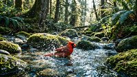 Bright red cardinal bird bathing in clear mountain stream surrounded by moss-covered rocks and lush forest vegetation in natural woodland habitat.
