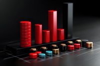 Red and blue cylindrical graph bars on dark background showing business analytics and financial data visualization for presentations and reports.