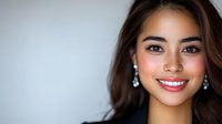 Young Asian woman with bright smile and pearl earrings against light background, expressing joy and confidence. Professional beauty portrait with soft lighting.