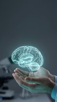 Glowing holographic brain floating above open hands in modern medical laboratory setting representing neuroscience research and mental health innovation.