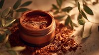 Natural cocoa powder in terracotta bowl with olive branch on wooden surface. Organic baking ingredient for chocolate desserts and healthy recipes.