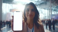 Young woman with dark wavy hair smiling while holding smartphone with blank screen in busy convention center or airport terminal.