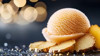 Orange sherbet scoop with fresh ginger root slices on dark background with golden bokeh lights, frozen dessert and spice composition for menu design.