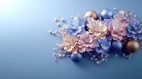 Elegant floral composition with pink and blue paper flowers, metallic spheres and pearl beads on blue background. Decorative arrangement for celebrations and events.