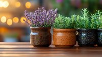 Fresh lavender and rosemary plants in rustic ceramic pots on wooden surface against warm bokeh background, creating cozy home garden atmosphere.