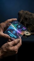 Male hand holding smartphone with neon glowing display showing futuristic interface and colorful light effects against dark blue background with blurred backpack. Technology concept.