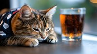 Sleepy striped cat lying next to glass of cold tea on table, soft bokeh background creates cozy atmosphere for relaxation and comfort at home.