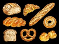 Watercolor bakery bread set with croissant, baguette, pretzel, bagel, loaf, and rolls, isolated on transparent background, ready for stickers, clipart, and t-shirt design.