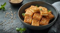 Crispy tofu cubes with sesame seeds served in dark bowl on stone background with fresh basil garnish and raw ingredients.