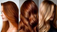 Professional hair color transformation showcasing warm copper, rich auburn, and golden blonde tones with glossy waves for salon inspiration.
